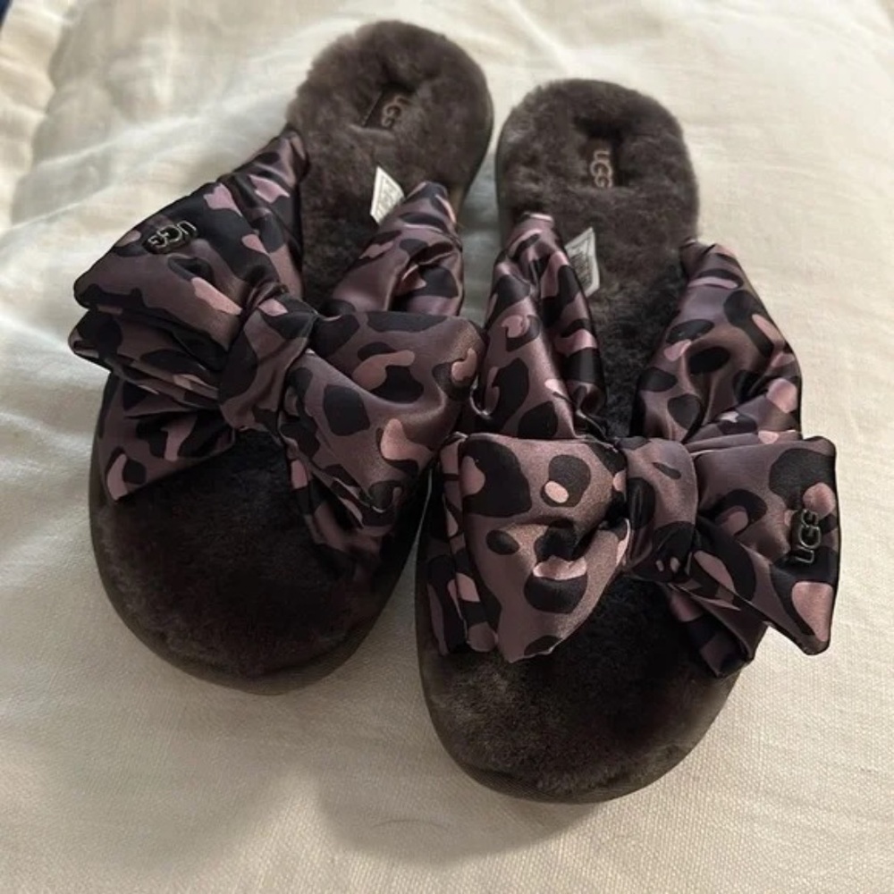 UGG LEOPARD LUSHETTE SLIDE SHEARLING SATIN SANDALS SZ 11 NWOT